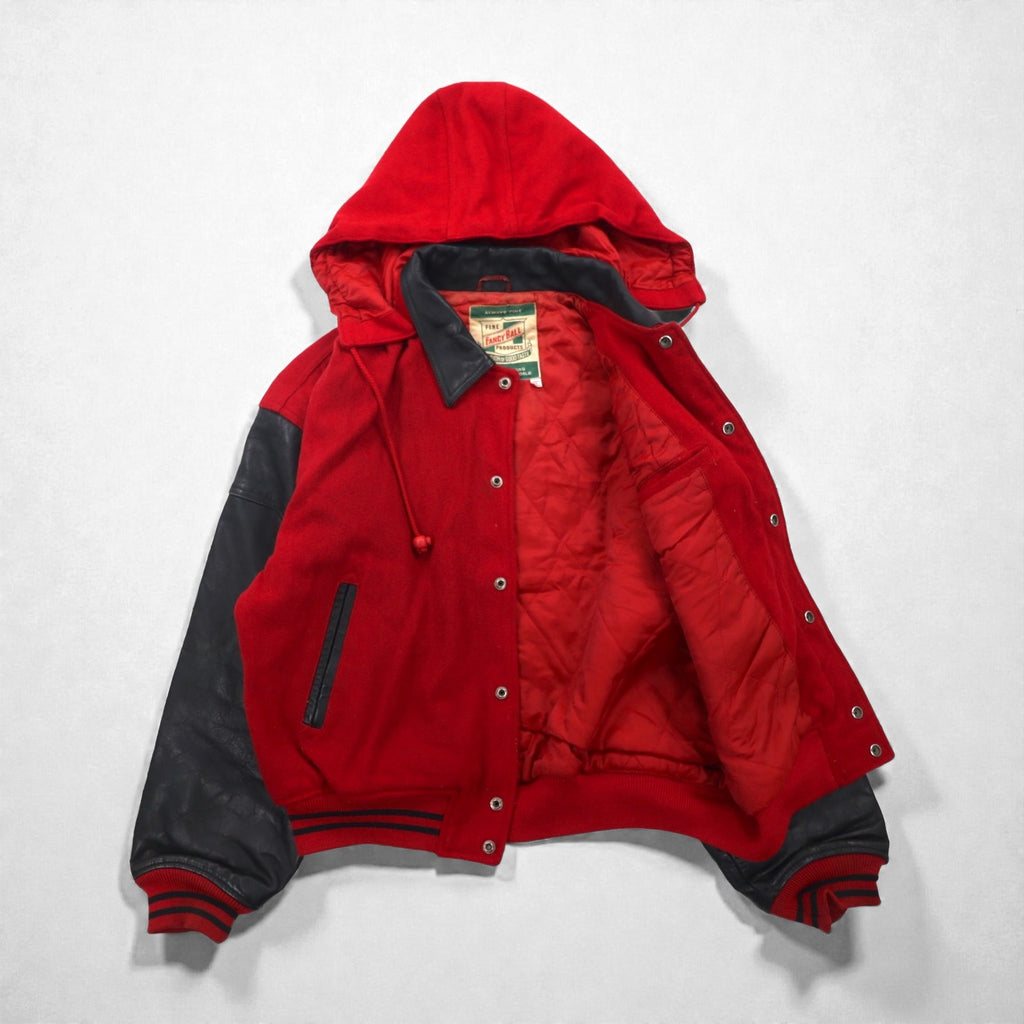 Vintage 80s Fancy Ball Varsity Jacket, Leather, Wool, Detachable Hood, Size L,