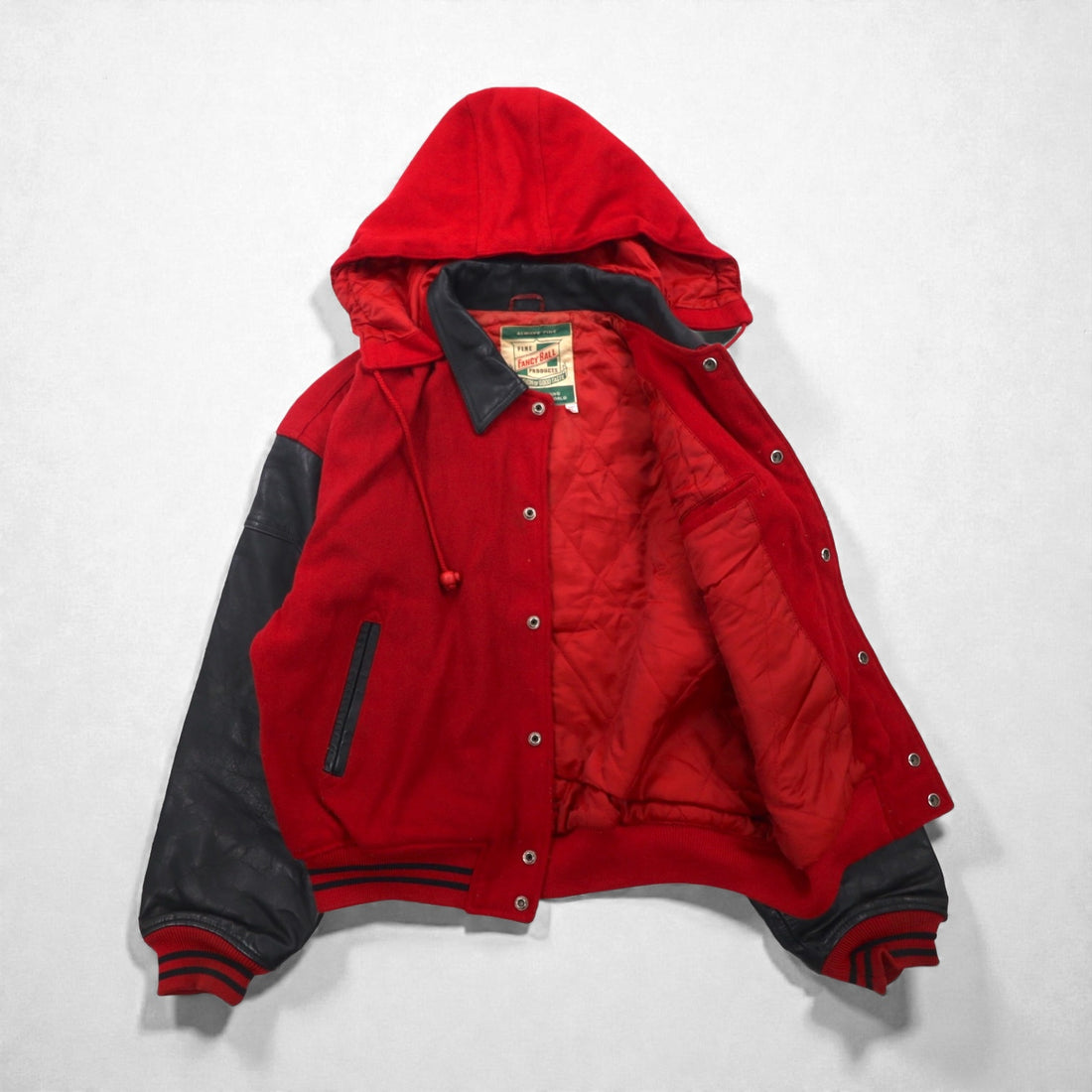 Vintage 80s Fancy Ball Varsity Jacket, Leather, Wool, Detachable Hood, Size L,