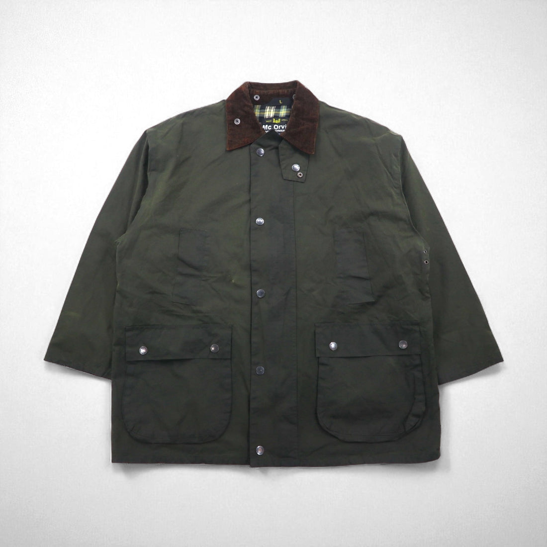 Mc Orvis 1990s Made in England Oiled Jacket, Size L, Khaki, Waterproof Cotton, Check Lining