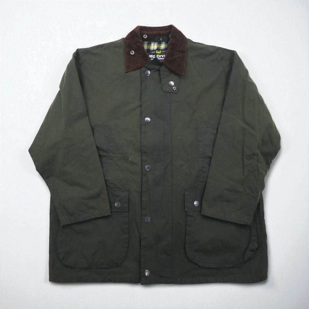 Mc Orvis 1990s Made in England Oiled Jacket, Size L, Khaki, Waterproof Cotton, Check Lining