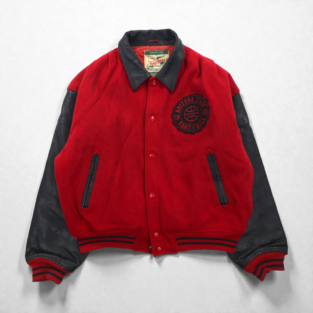 Vintage 80s Fancy Ball Varsity Jacket, Leather, Wool, Detachable Hood, Size L,