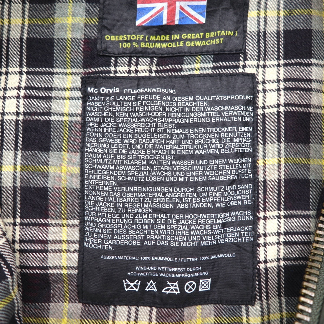 Mc Orvis 1990s Made in England Oiled Jacket, Size L, Khaki, Waterproof Cotton, Check Lining