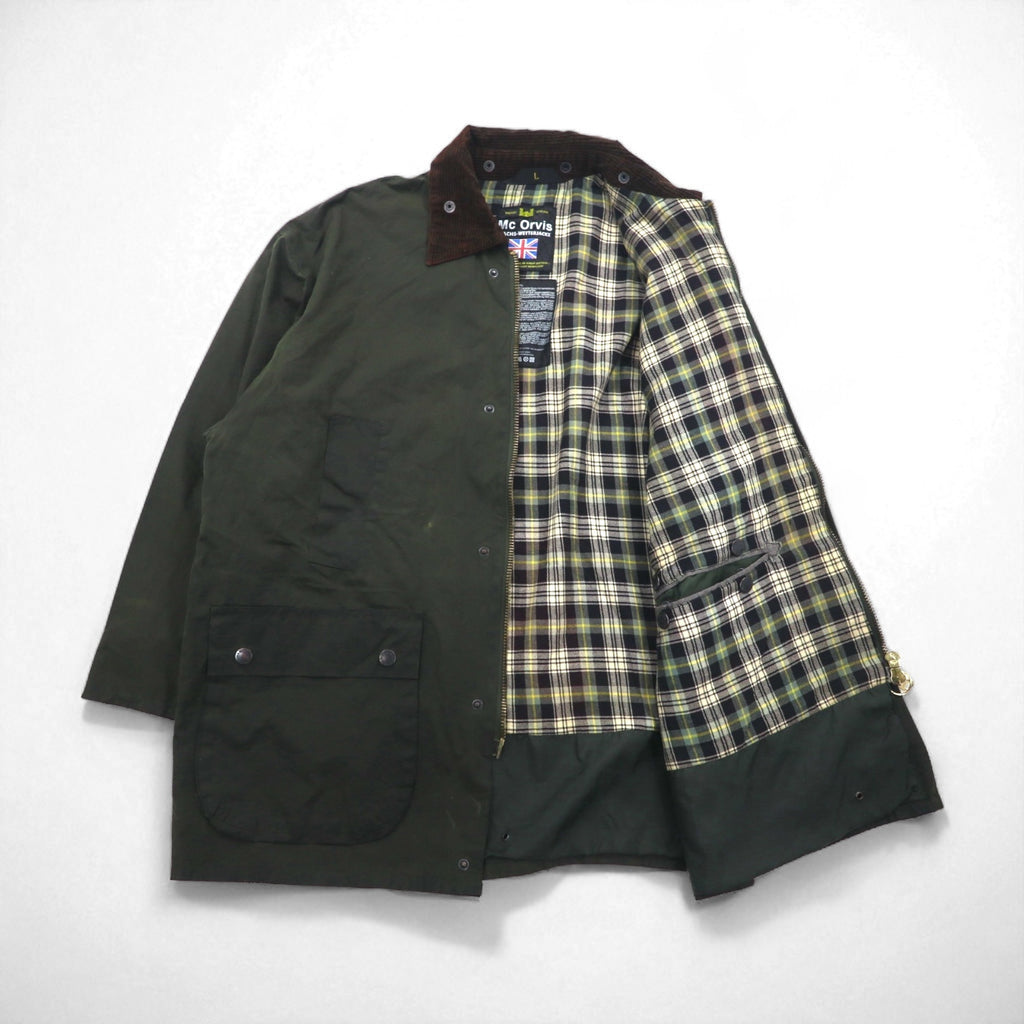 Mc Orvis 1990s Made in England Oiled Jacket, Size L, Khaki, Waterproof Cotton, Check Lining
