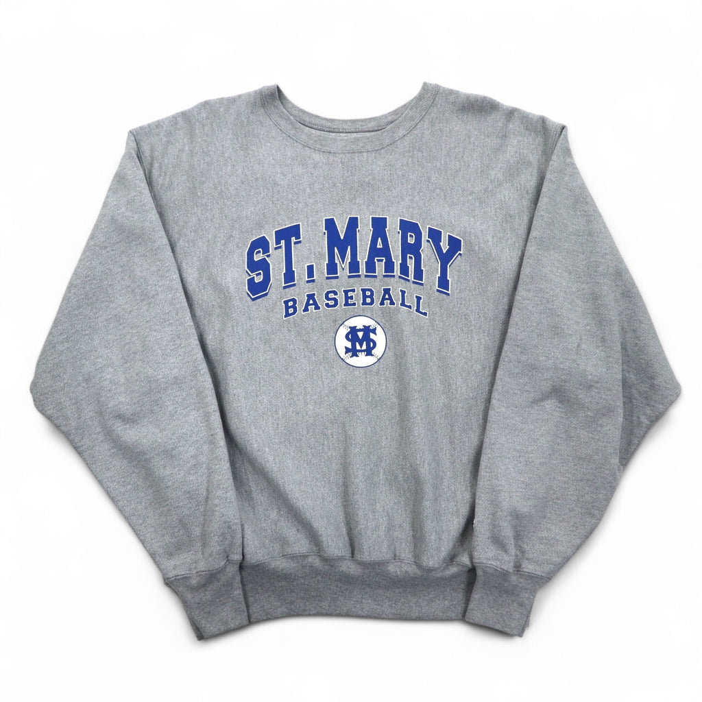 Champion Premium Reverse Weave Sweatshirt L Gray Fleece-lined College Print ST. MARY BASEBALL 3-tier Print Arch Logo Made in El Salvador