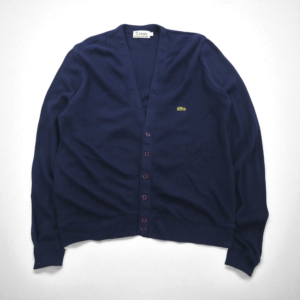 IZOD LACOSTE 70s Spool Tag Acrylic Knit Cardigan, Size L, Navy, One-Point Logo