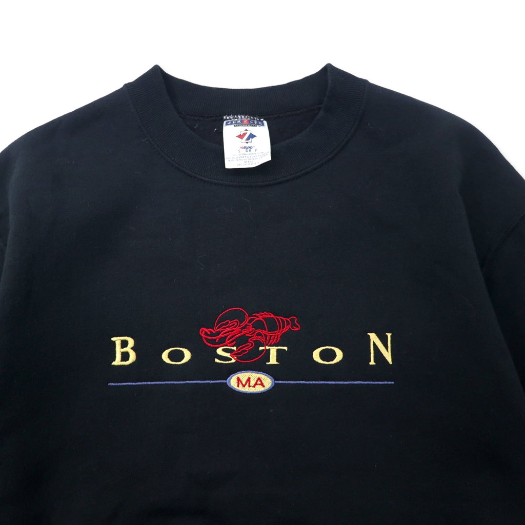 JERZEES 90's College Embroidery Sweatshirt S Black Cotton Brushed Back BOSTON Made in Mexico