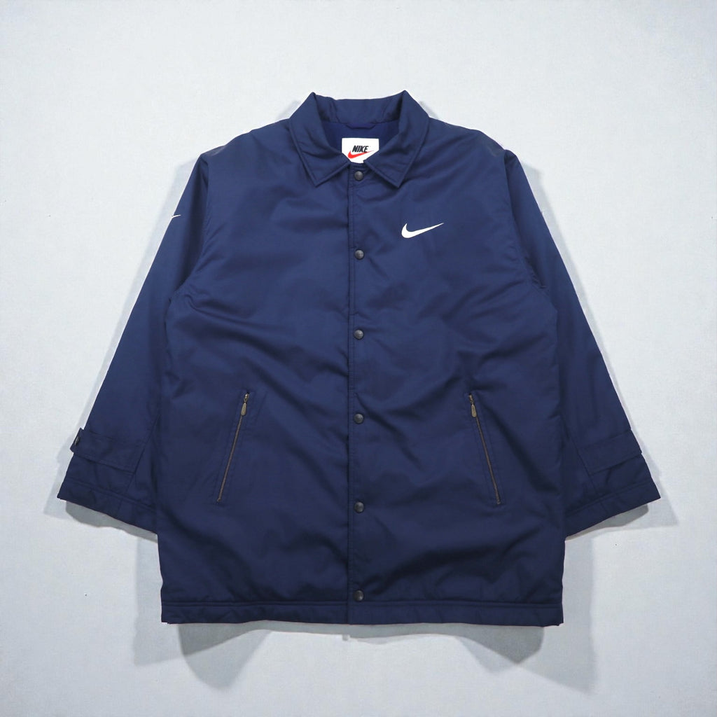 NIKE 90s Silver Tag Coach Jacket, Large, Navy Nylon, Long Length, Snap Buttons
