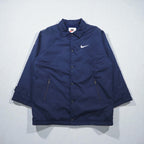 NIKE 90s Silver Tag Coach Jacket, Large, Navy Nylon, Long Length, Snap Buttons