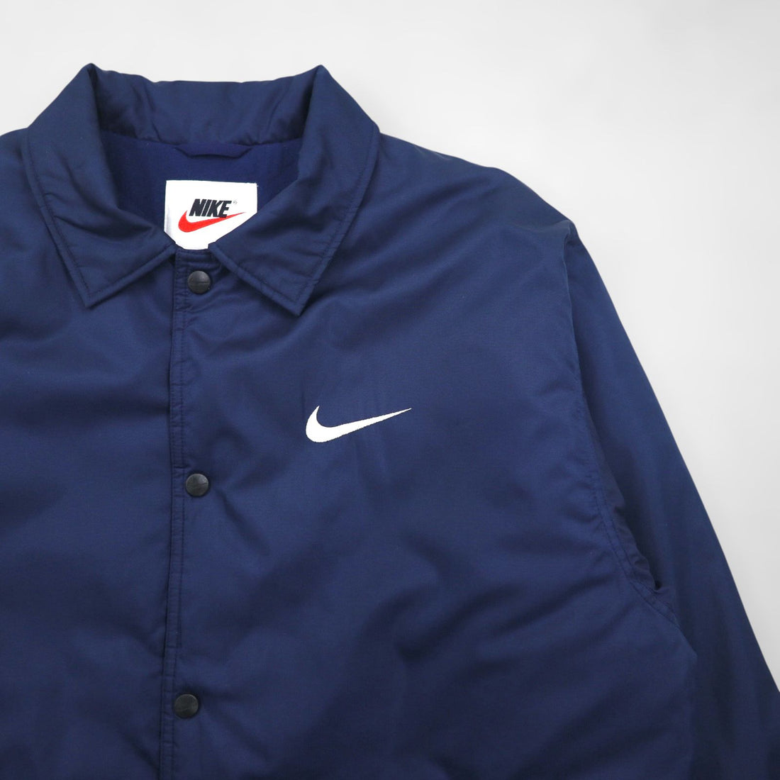NIKE 90s Silver Tag Coach Jacket, Large, Navy Nylon, Long Length, Snap Buttons