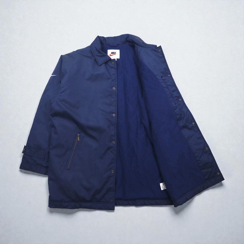 NIKE 90s Silver Tag Coach Jacket, Large, Navy Nylon, Long Length, Snap Buttons