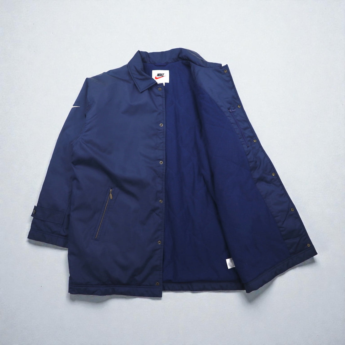 NIKE 90s Silver Tag Coach Jacket, Large, Navy Nylon, Long Length, Snap Buttons