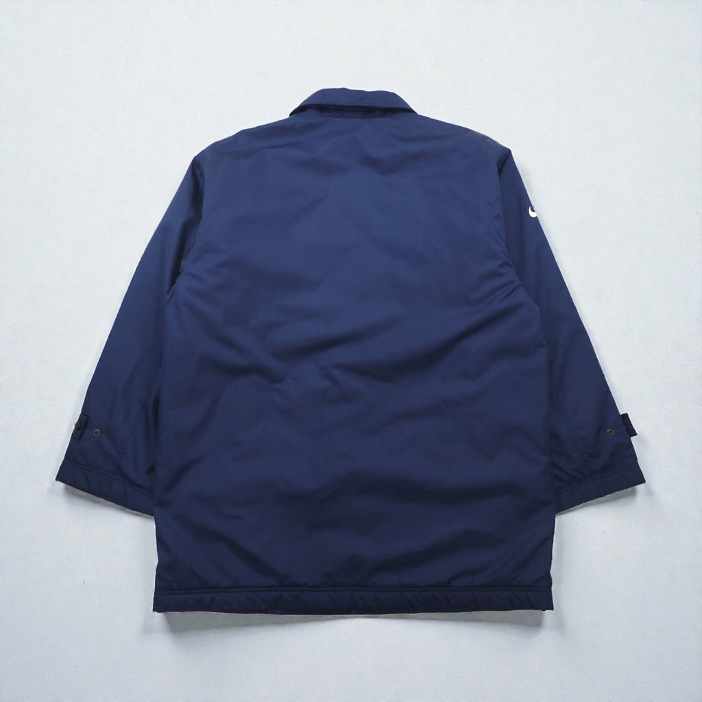 NIKE 90s Silver Tag Coach Jacket, Large, Navy Nylon, Long Length, Snap Buttons
