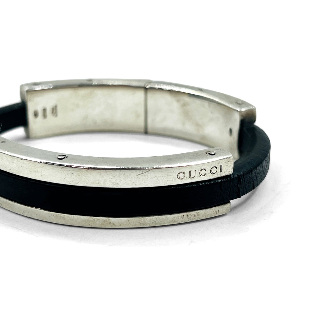 GUCCI Leather Silver Bangle Bracelet Silver 925 Black Made in Italy