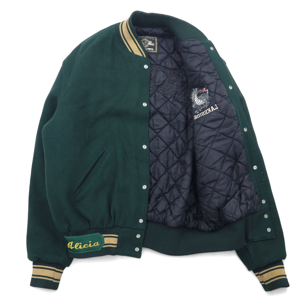 Made in USA 90s HOLLOWAY Ribline Melton Stadium Jacket M Green Wool LAKESIDE Embroidery Alicia