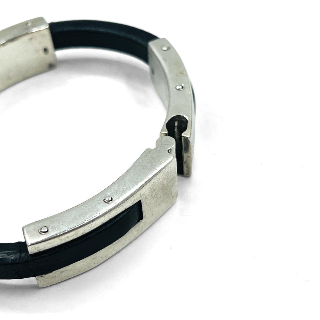 GUCCI Leather Silver Bangle Bracelet Silver 925 Black Made in Italy