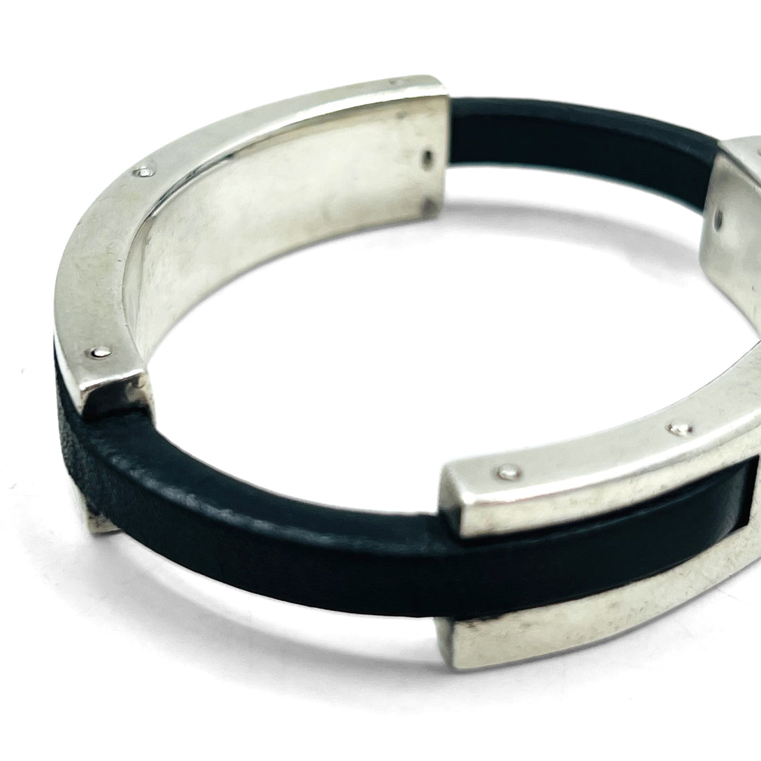 GUCCI Leather Silver Bangle Bracelet Silver 925 Black Made in Italy