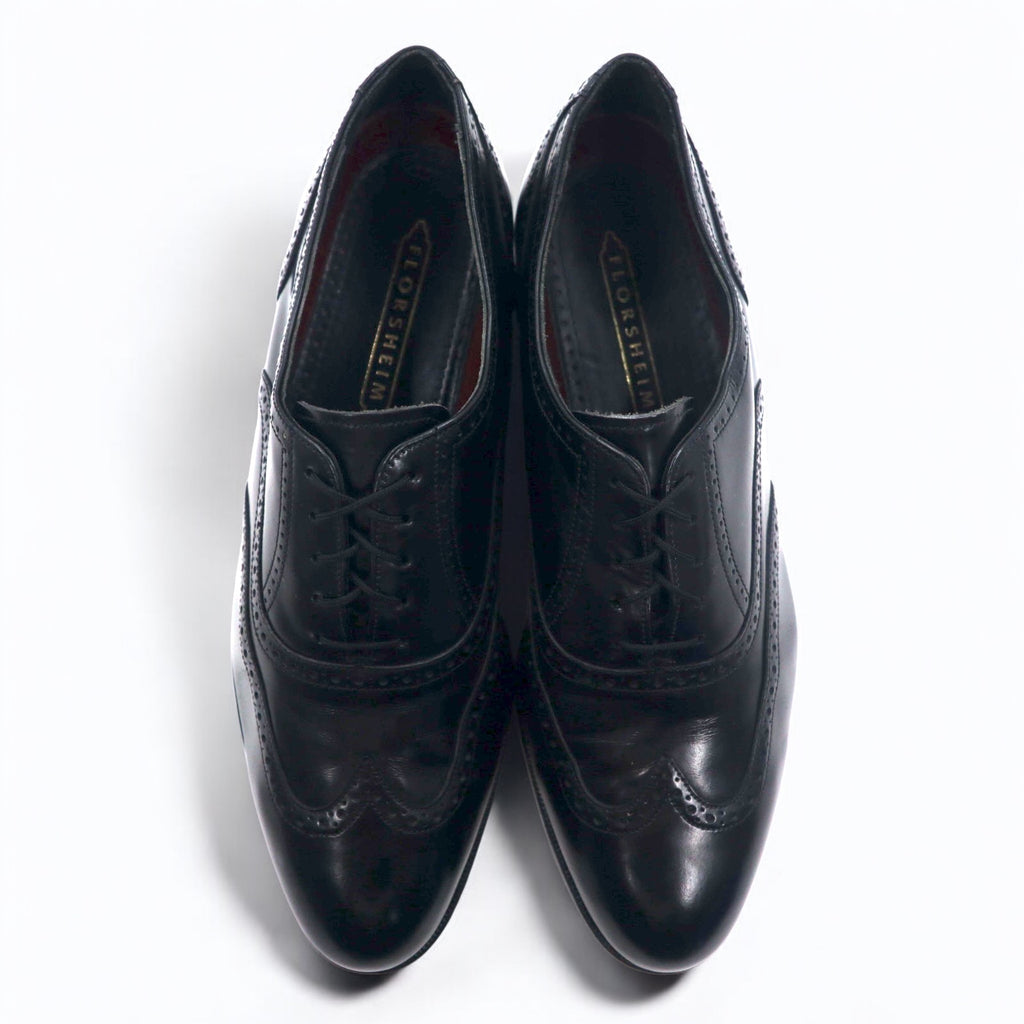 FLORSHEIM 80s Wingtip Medallion Dress Shoes 28cm Black Leather 20364