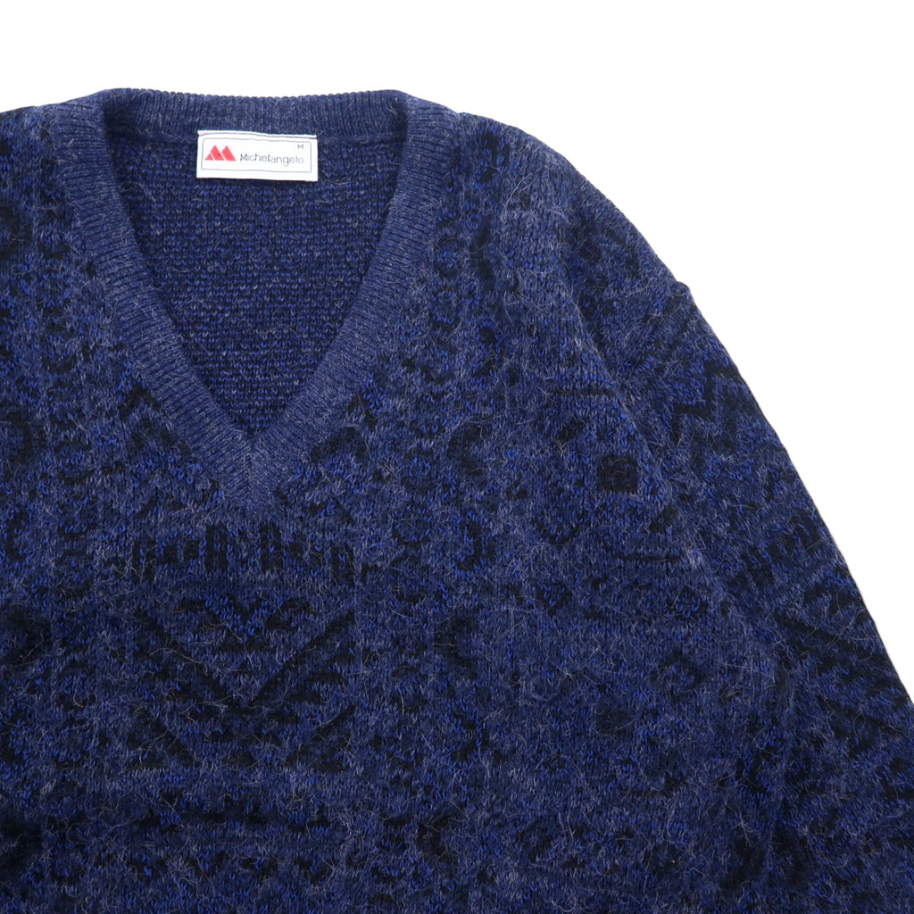 90s Michelangelo V-neck jacquard knit sweater, size M, navy, acrylic, all-over pattern