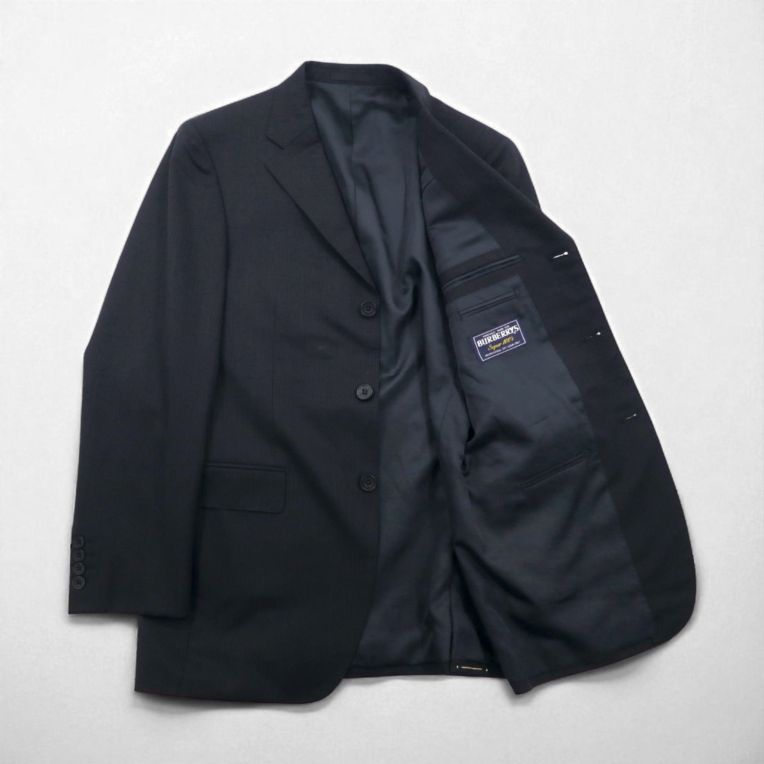 Burberry's Classics Vintage Super 100s 3B Suit Set, Size L, Black Wool with Shadow Stripe