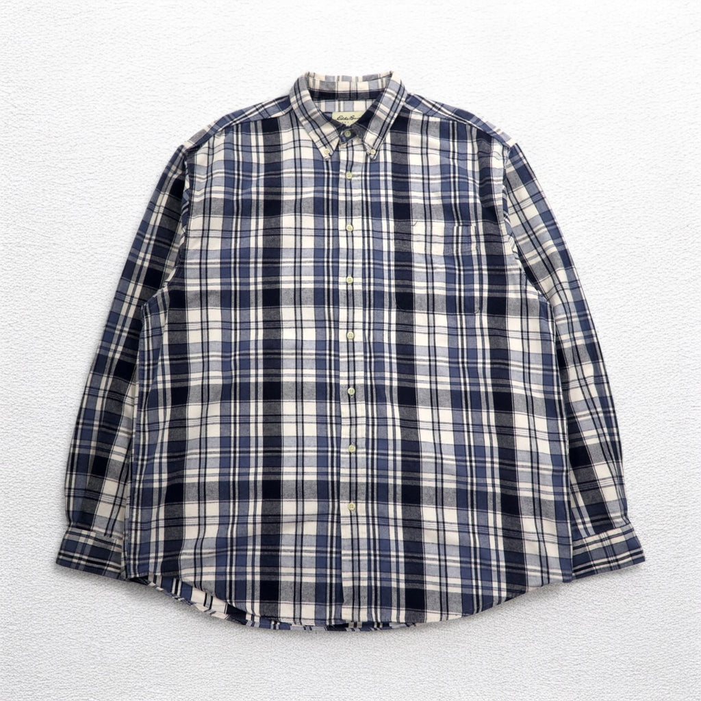 Eddie Bauer 90年代 ボタンダウン フランネルシャツ XL ホワイト ネイビー チェック コットン