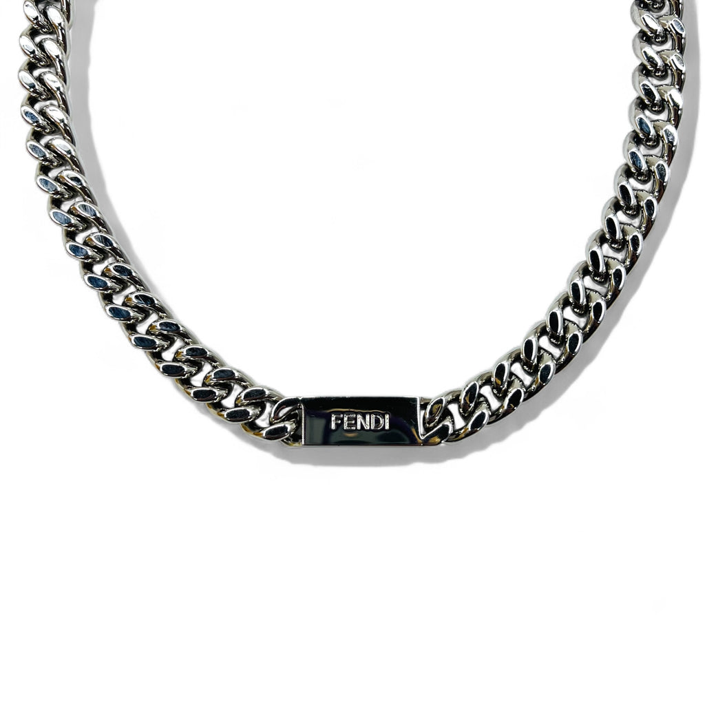 FENDI Metal Chain Necklace Silver Kihei Baguette Link MP4722 Made in Italy