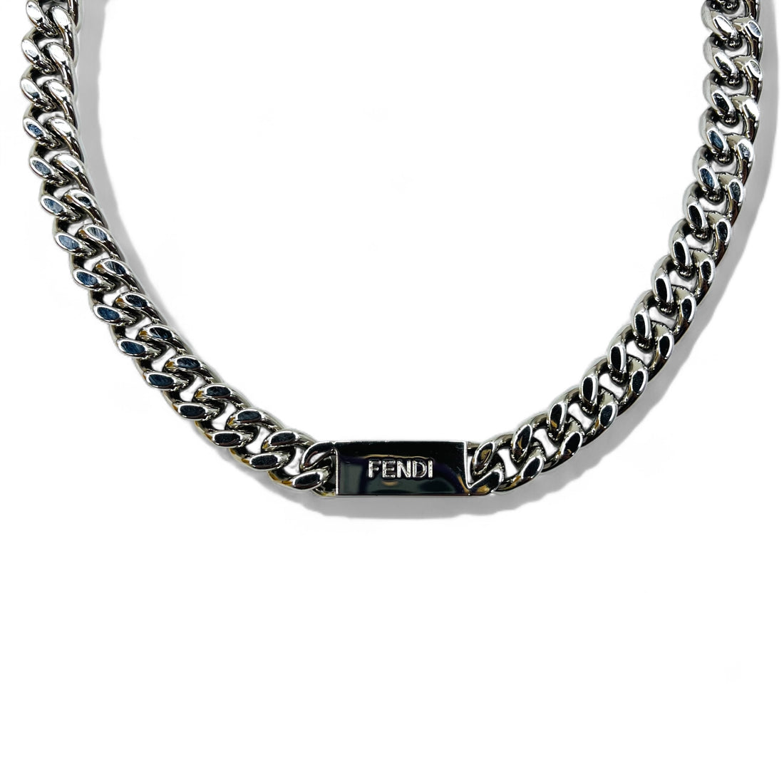 FENDI Metal Chain Necklace Silver Kihei Baguette Link MP4722 Made in Italy