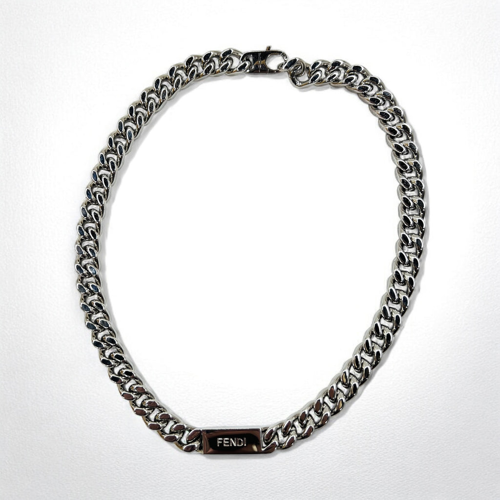 FENDI Metal Chain Necklace Silver Kihei Baguette Link MP4722 Made in Italy