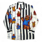 Vintage 90s Japan Made Open Collar Retro Shirt Open collar poly shirt M Stripe All-over pattern Teddy bear Gold buttons Retro Made in Japan