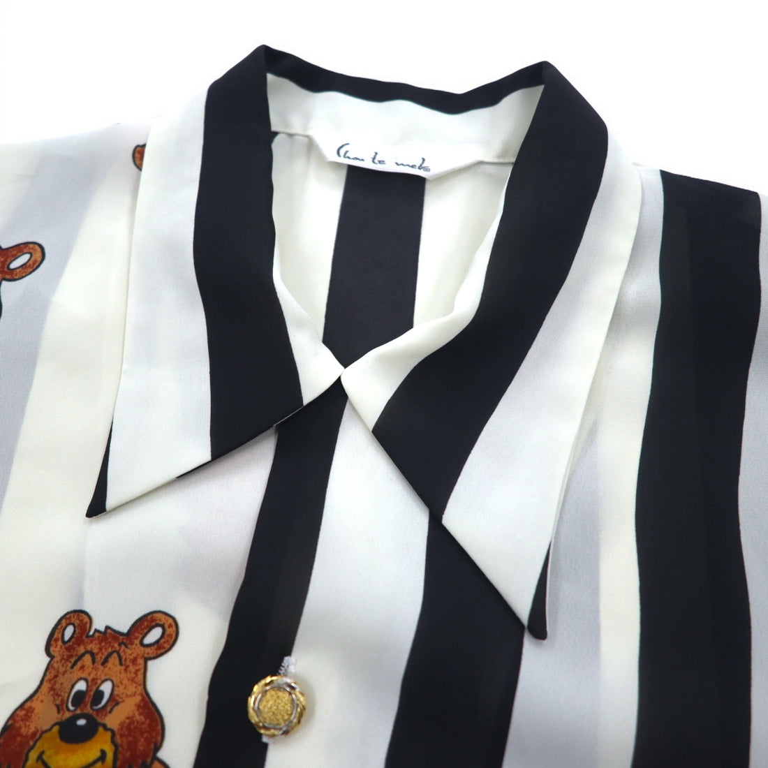 Vintage 90s Japan Made Open Collar Retro Shirt Open collar poly shirt M Stripe All-over pattern Teddy bear Gold buttons Retro Made in Japan