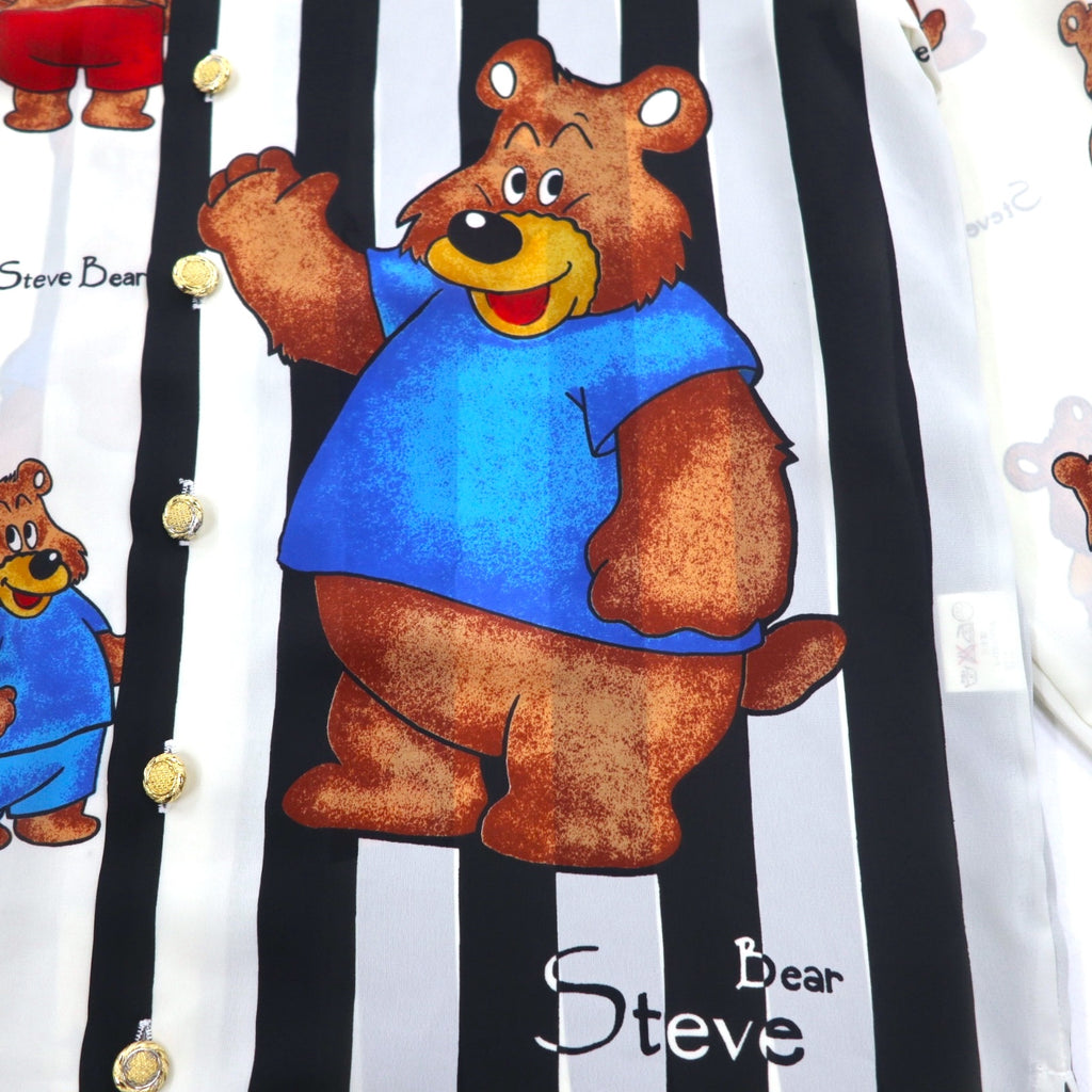 Vintage 90s Japan Made Open Collar Retro Shirt Open collar poly shirt M Stripe All-over pattern Teddy bear Gold buttons Retro Made in Japan