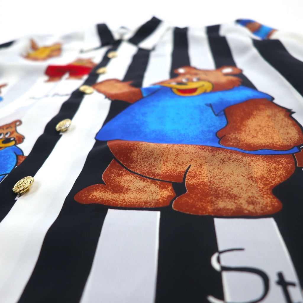 Vintage 90s Japan Made Open Collar Retro Shirt Open collar poly shirt M Stripe All-over pattern Teddy bear Gold buttons Retro Made in Japan