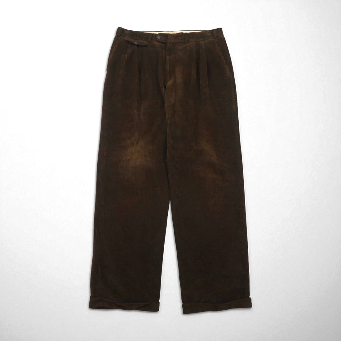 Burberry's 1980s West German-made wide-leg corduroy pants, size L, brown, cotton.