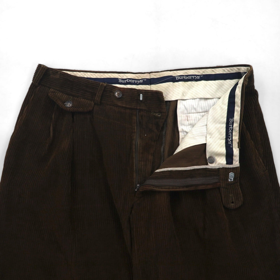 Burberry's 1980s West German-made wide-leg corduroy pants, size L, brown, cotton.
