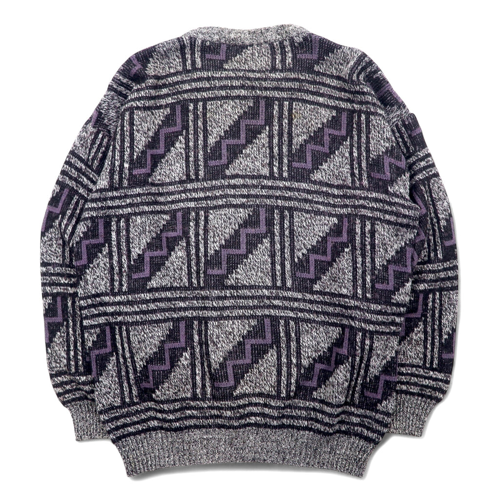 Made in Italy 90s COLORE All-over print jacquard knit sweater XL Grey Acrylic Geometric pattern
