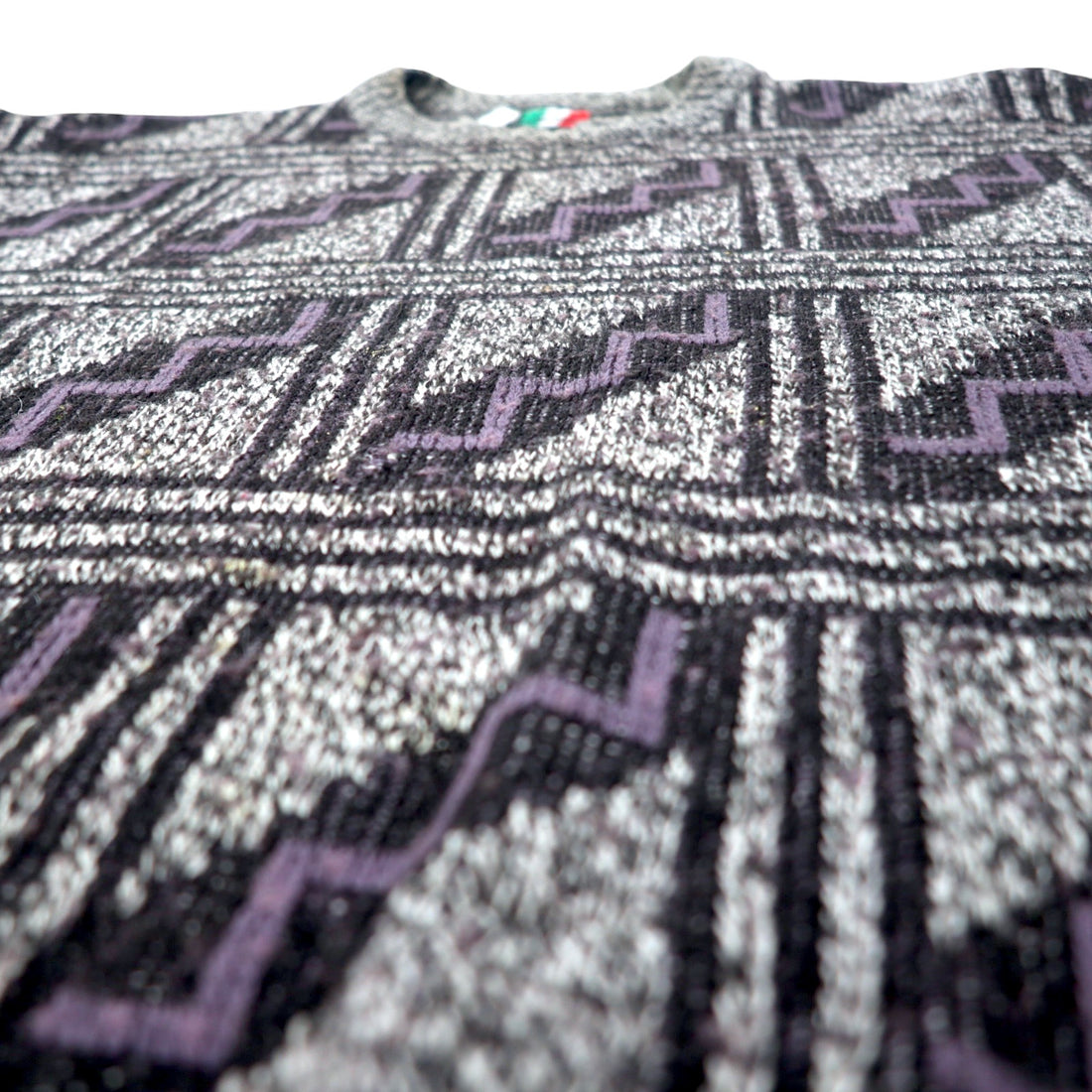 Made in Italy 90s COLORE All-over print jacquard knit sweater XL Grey Acrylic Geometric pattern