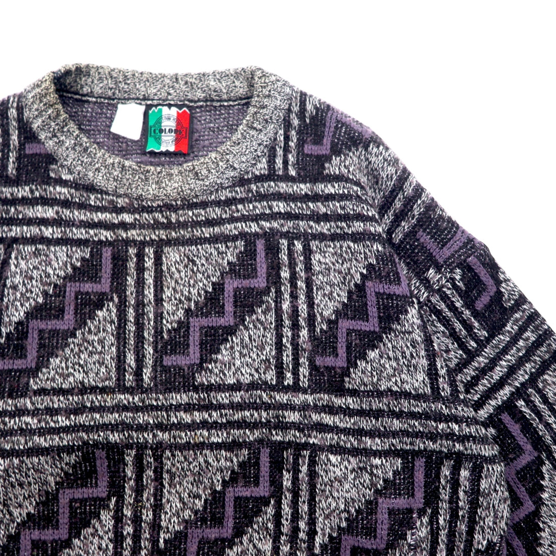 Made in Italy 90s COLORE All-over print jacquard knit sweater XL Grey Acrylic Geometric pattern
