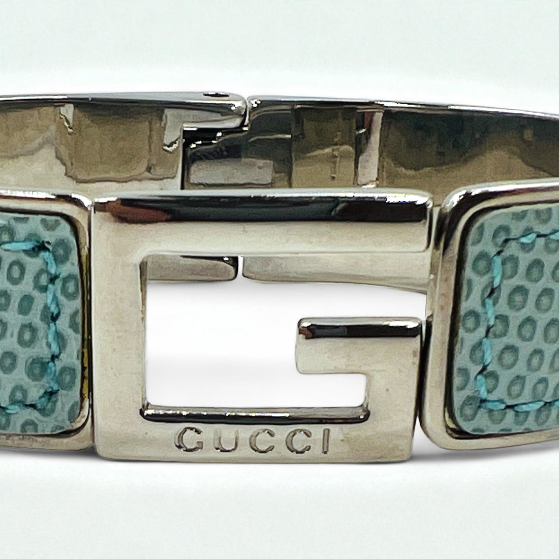 GUCCI リザード レザー Gロゴ ブレスレット バングル ブルー シルバー イタリア製