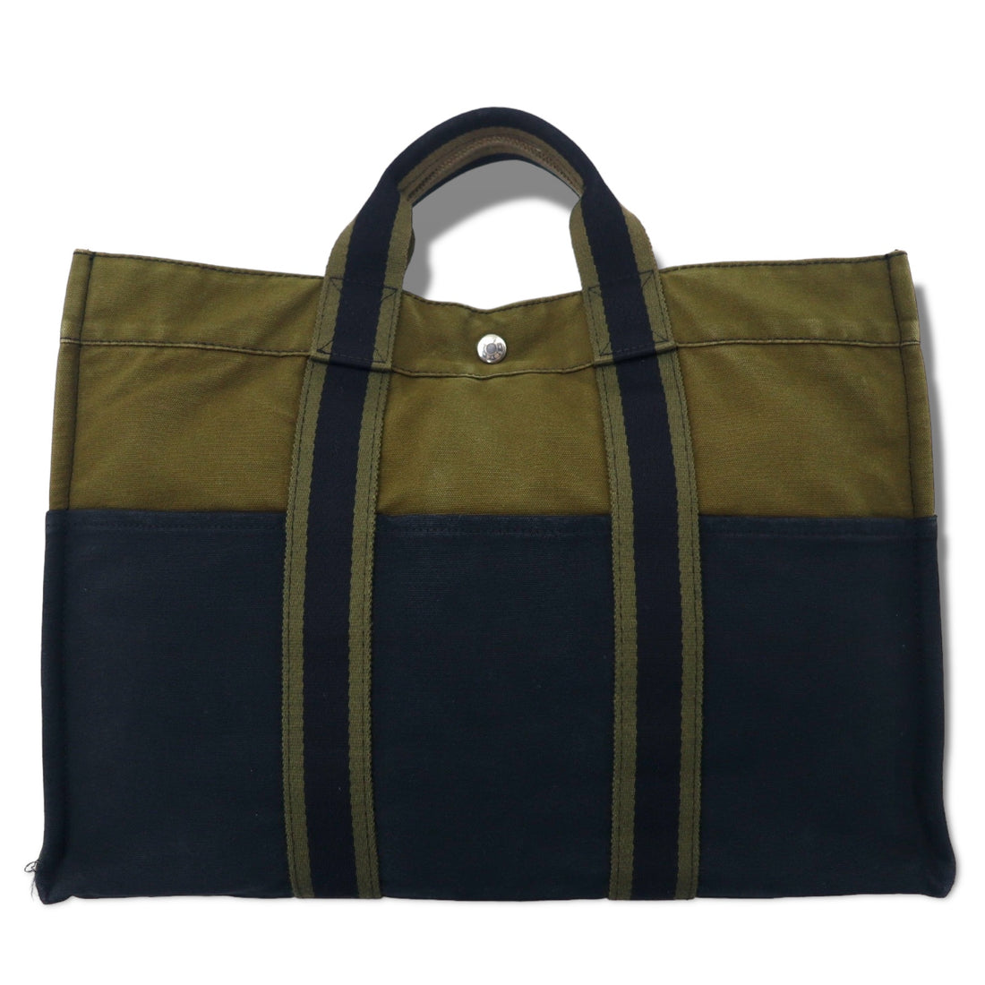 日本然リトテ-古着オンライン-HERMES フランス製 バイカラー フールトゥ MM キャンバス トートバッグ カーキ ブラック コットン-HERMES France Made bi color fourre tout MM canvas tote bag Khaki black cotton