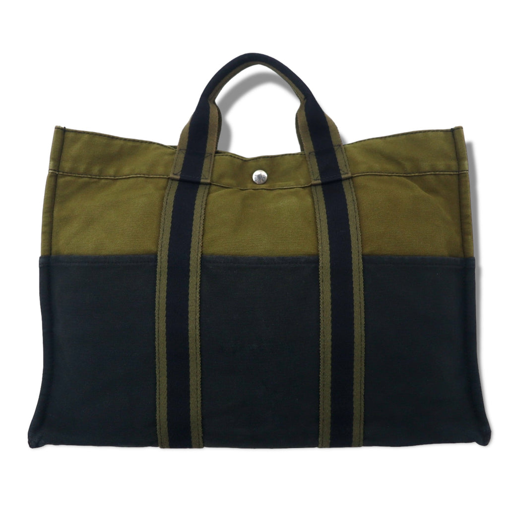HERMES Made in France Bicolor Fouleaux MM Canvas Tote Bag Khaki Black Cotton