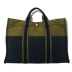 HERMES Made in France Bicolor Fouleaux MM Canvas Tote Bag Khaki Black Cotton