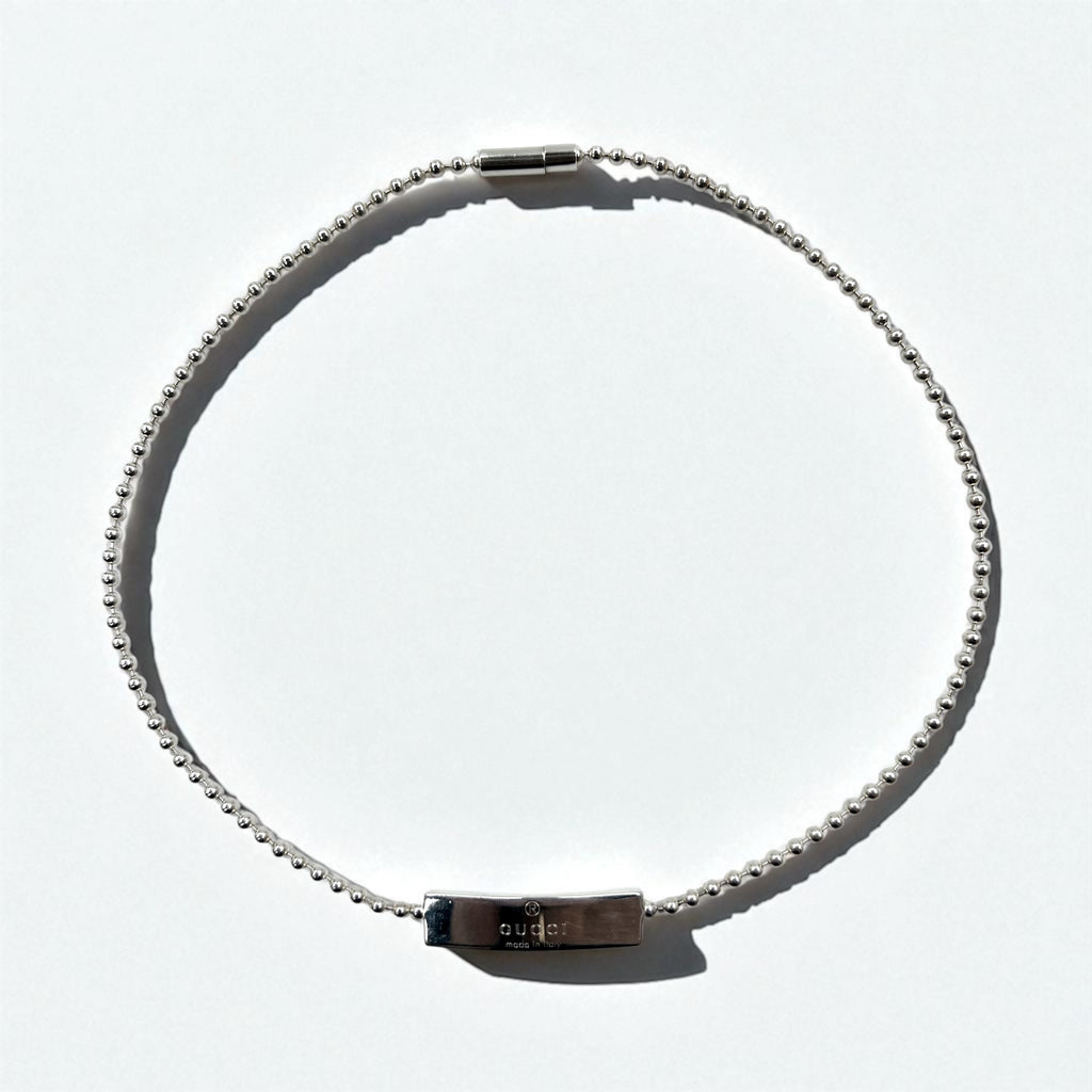 GUCCI Vintage Ball Chain Choker Necklace Silver 925 Logo Plate Made in Italy