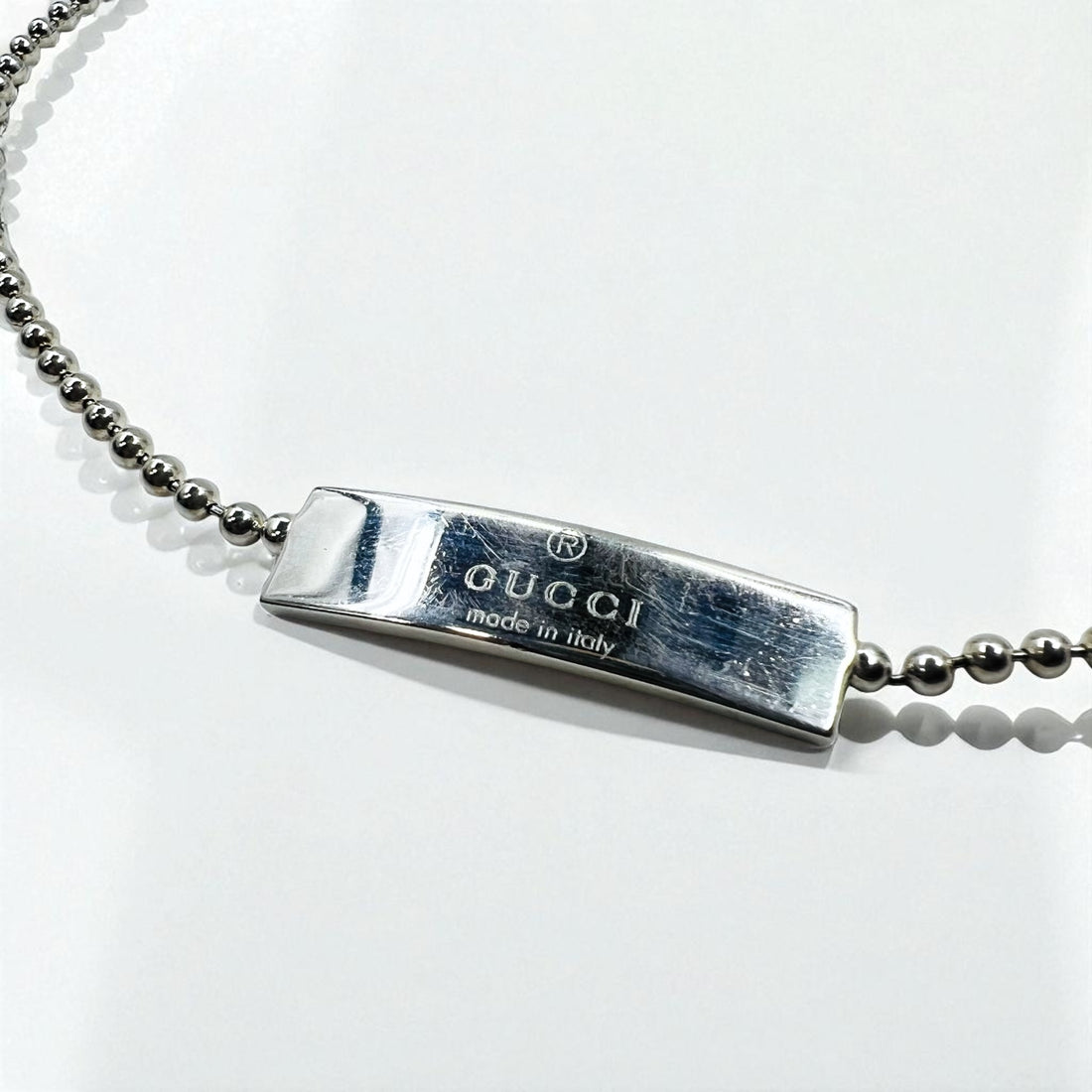 GUCCI Vintage Ball Chain Choker Necklace Silver 925 Logo Plate Made in Italy
