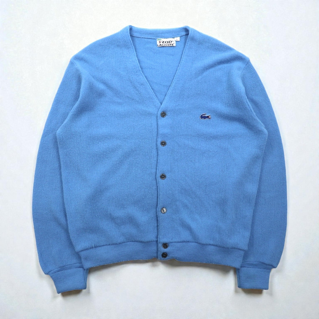 IZOD LACOSTE 70s Spool Tag Knit Cardigan, Large, Blue Acrylic