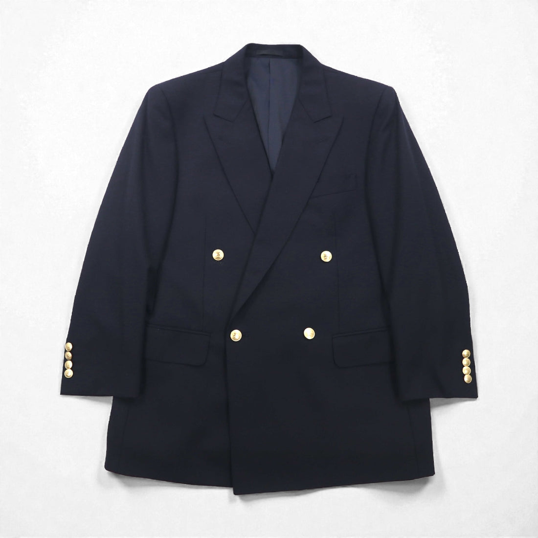 BURBERRY ピークドラペル ダブル テーラードジャケット ブレザー M ネイビー ギャバジン 紺ブレ 金ボタン 羊毛 日本製