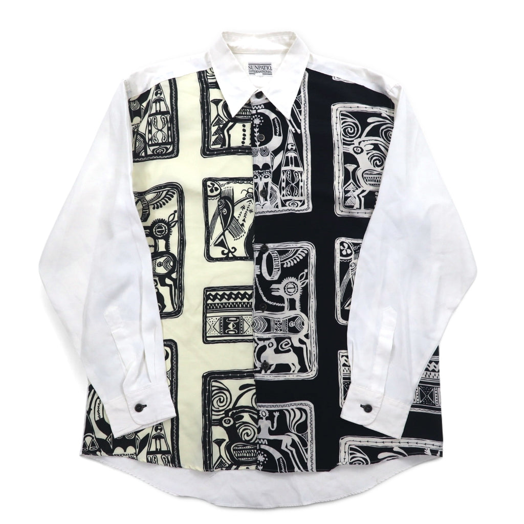 Vintage 90s Japan Made Retro Shirt 90s SUNPATIO Poly Shirt FREE White All-over Pattern Made in Japan
