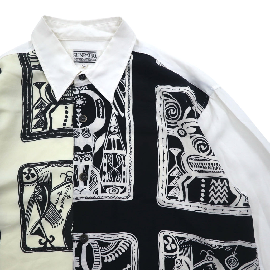 Vintage 90s Japan Made Retro Shirt 90s SUNPATIO Poly Shirt FREE White All-over Pattern Made in Japan