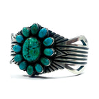 Navajo 60s Flower Turquoise Cluster Cuff Bracelet, Navajo Indian Jewelry, Sterling Silver, Turquoise