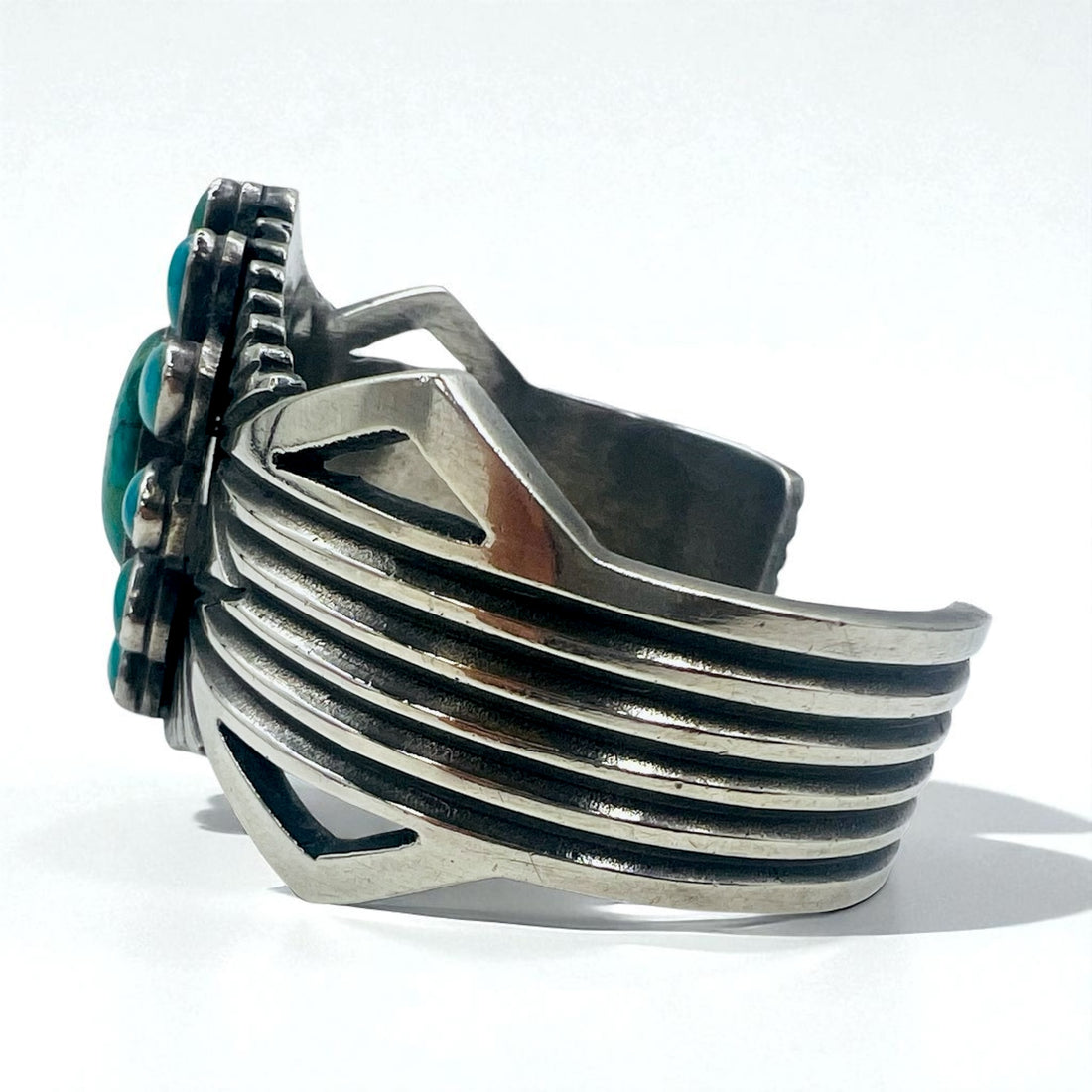 Navajo 60s Flower Turquoise Cluster Cuff Bracelet, Navajo Indian Jewelry, Sterling Silver, Turquoise
