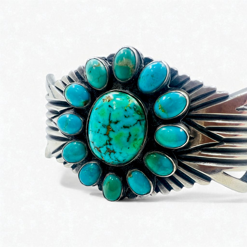 Navajo 60s Flower Turquoise Cluster Cuff Bracelet, Navajo Indian Jewelry, Sterling Silver, Turquoise