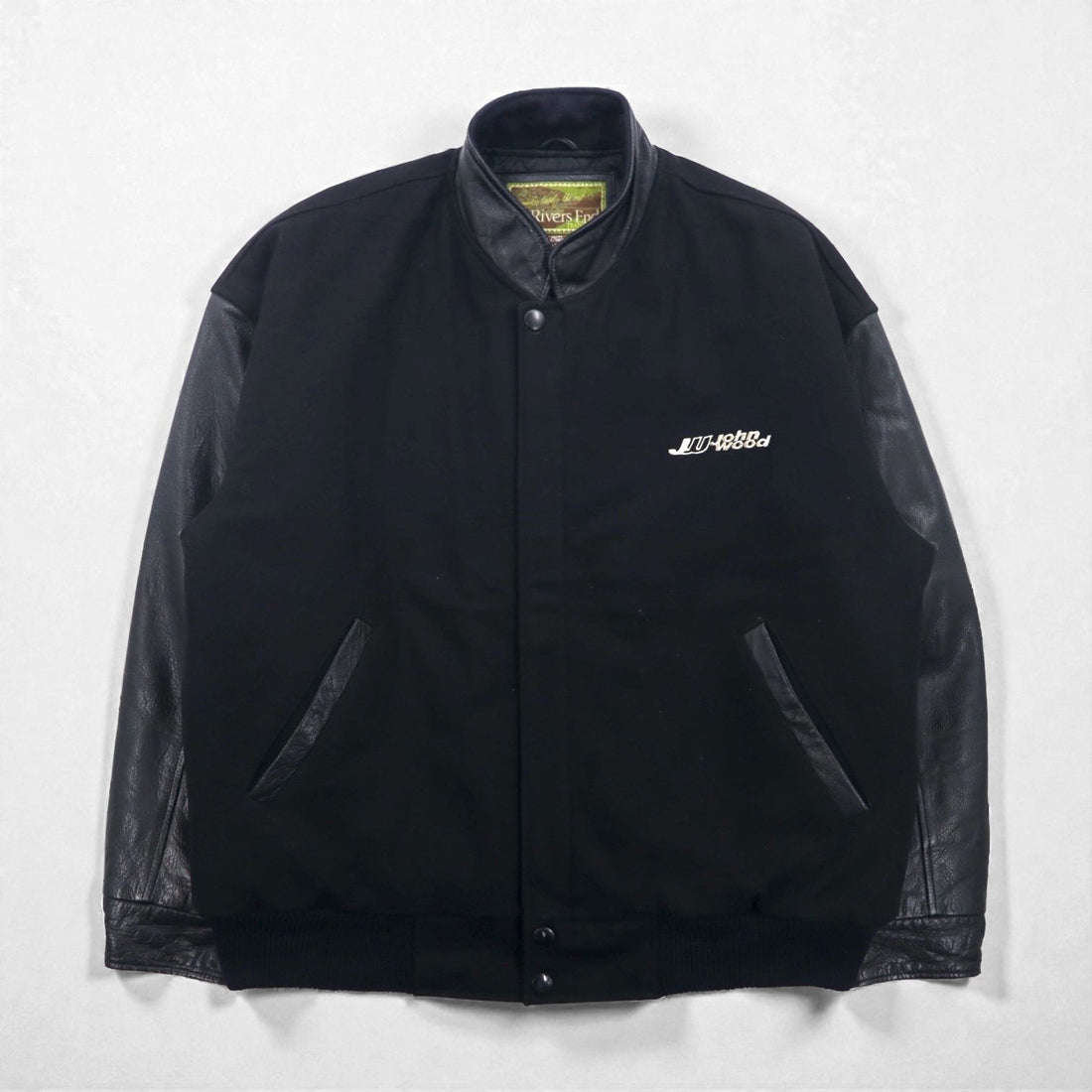 90s Vintage Varsity Jacket Rivers End レザー切替 スタジャン XL ブラック 刺繍 USA企業 JOHN WOOD